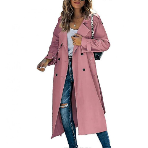 (M,PINK)Women's Double Breasted Long Trench Coat, Windproof Classic Lapel Slim Overcoat