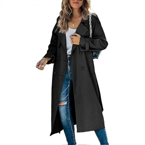 (L,BLACK)Women's Double Breasted Long Trench Coat, Windproof Classic Lapel Slim Overcoat