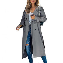 (M, GRAY) Women's Double Breasted Long Trench Coat, Windproof Classic Lapel Slim Overcoat