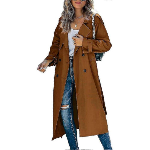 (M, RED) Women's Double Breasted Long Trench Coat, Windproof Classic Lapel Slim Overcoat