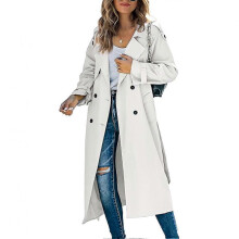 (S, WHITE) Women's Double Breasted Long Trench Coat, Windproof Classic Lapel Slim Overcoat