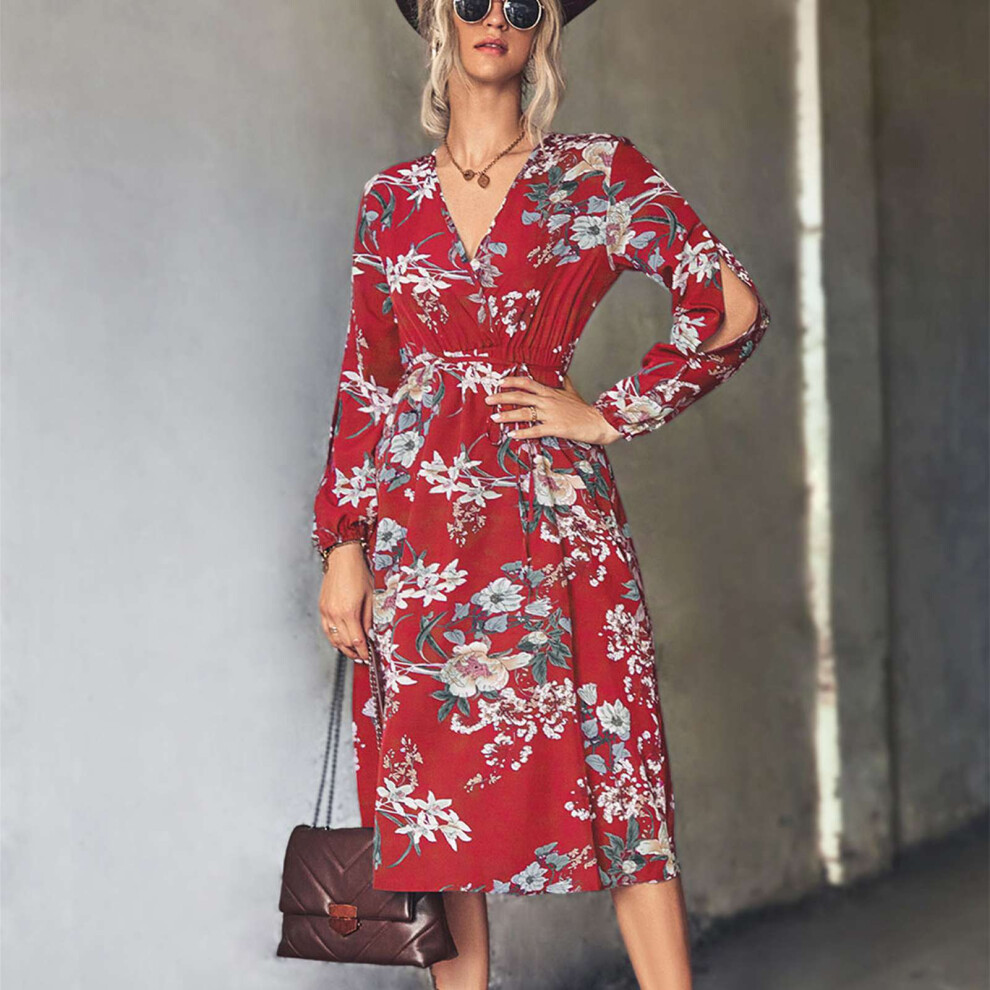 Women Floral Cross V-Neck Dress Long Sleeve High Waist Slit Red XL-image-OPC-PMHC6RJ-NEW