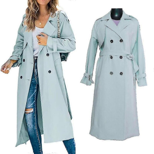 (S, BLUE) Women's Double Breasted Long Trench Coat, Windproof Classic Lapel Slim Overcoat 1