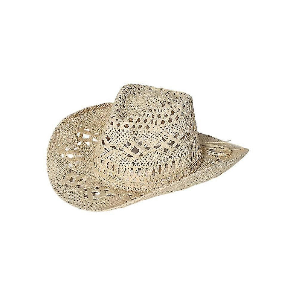 Kikidex (As Show, ) Straw Hat Ventilated Hollow Round Collapsible Western Cowboy Beach Hat Photo Props Black