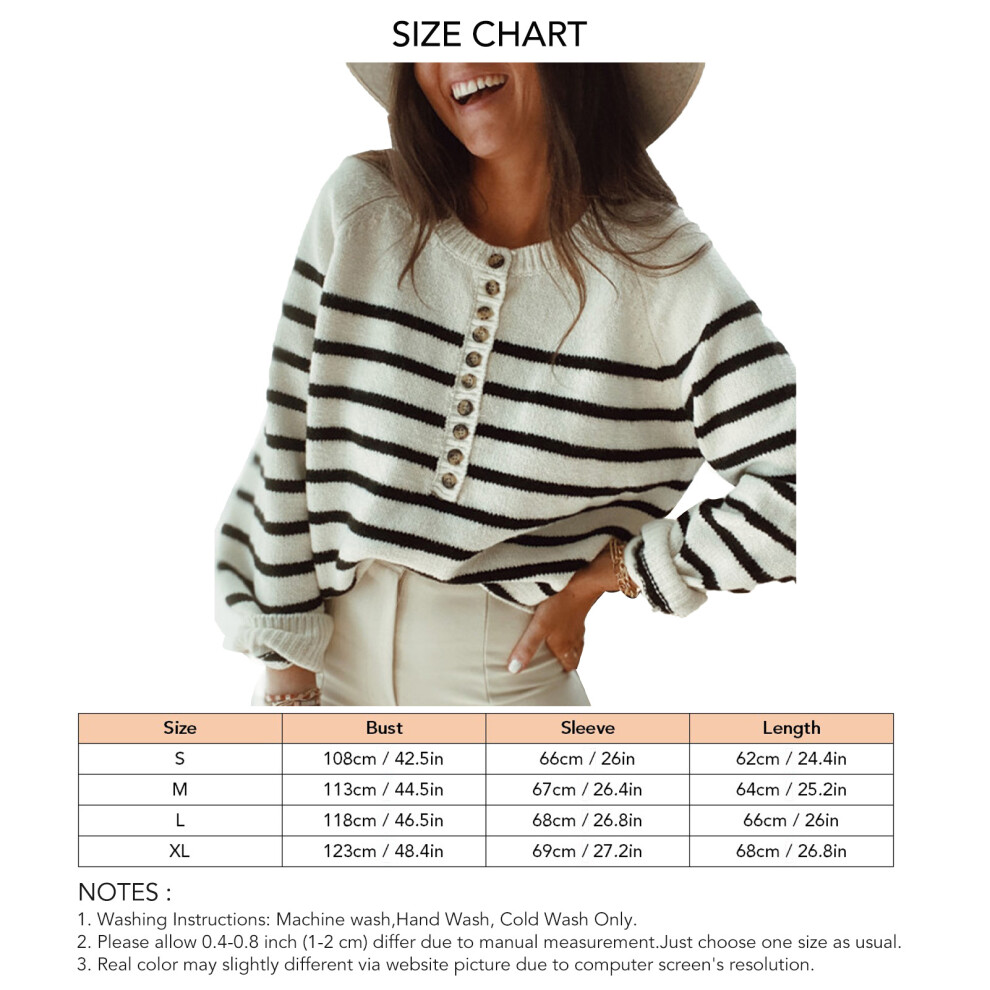 Women's White Striped Long Sleeve Knit Pullover Top XL, Button Sweater-image-OPC-PMHC7BX-NEW