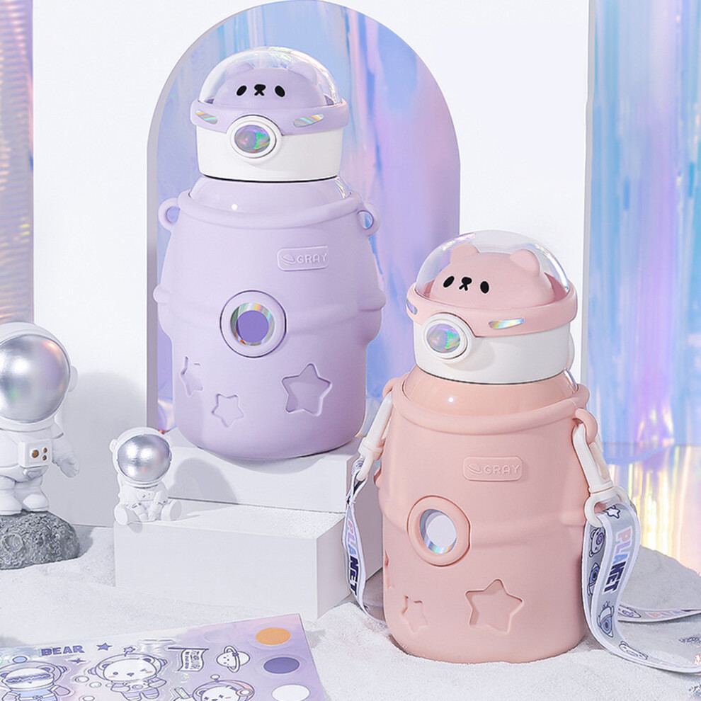 Insulated 500ml Water Bottle with Straw Portable Kawaii Bear & Astronaut Design