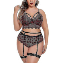 (3XL, Wine Red) Women Lace Lingerie Set Push-up Floral Bra Panties Sets Wtih Garter Belts Brassiere Plus Size Underwear