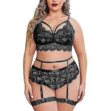 (3XL, Black) Women Lace Lingerie Set Push-up Floral Bra Panties Sets Wtih Garter Belts Brassiere Plus Size Underwear