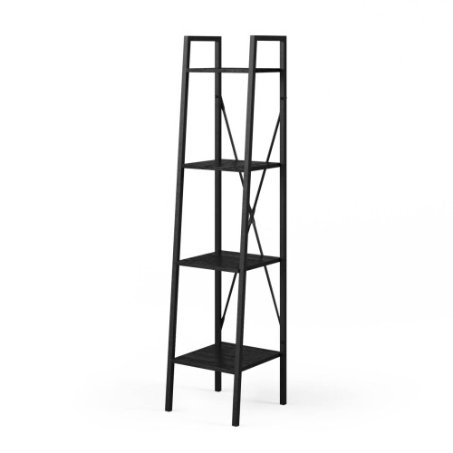 (Black) 4 Tier Industrial Bookcase Steel Frame Shelf Unit