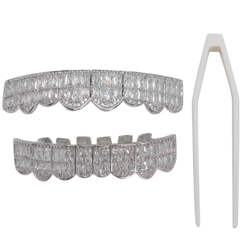 (Silver) Hip Hop Iced Out Teeth Grills Decoration Set
