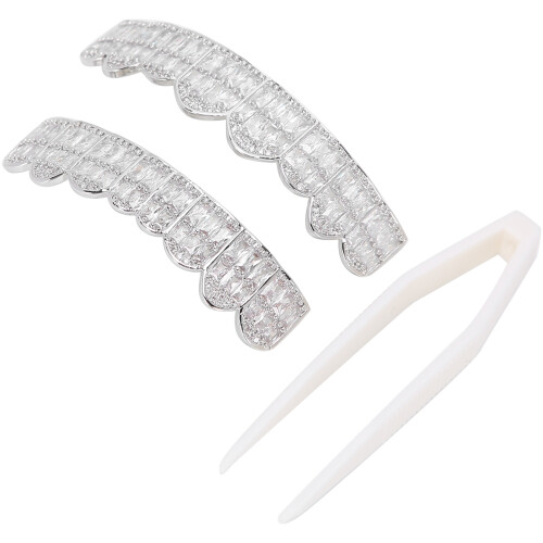 (Silver) Hip Hop Iced Out Teeth Grills Decoration Set 1