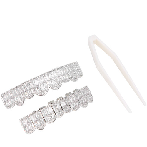 (Silver) Hip Hop Iced Out Teeth Grills Decoration Set 2