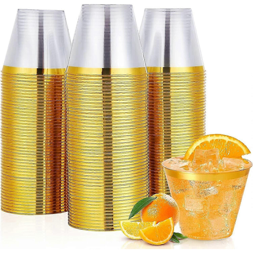 100 Pack 255ml Gold Rim Plastic Cups, Clear Rigid Disposable Cups, Bulk Plastic Cups