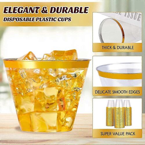100 Pack 255ml Gold Rim Plastic Cups, Clear Rigid Disposable Cups, Bulk Plastic Cups 2