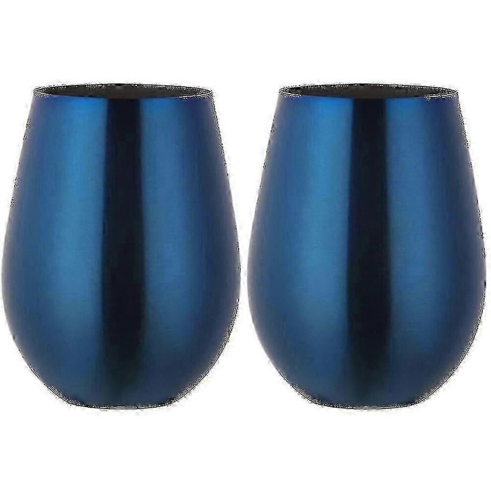 (Blue) Set Of 2 Stainless Steel Stemless Wine Glasses For Travel Blue