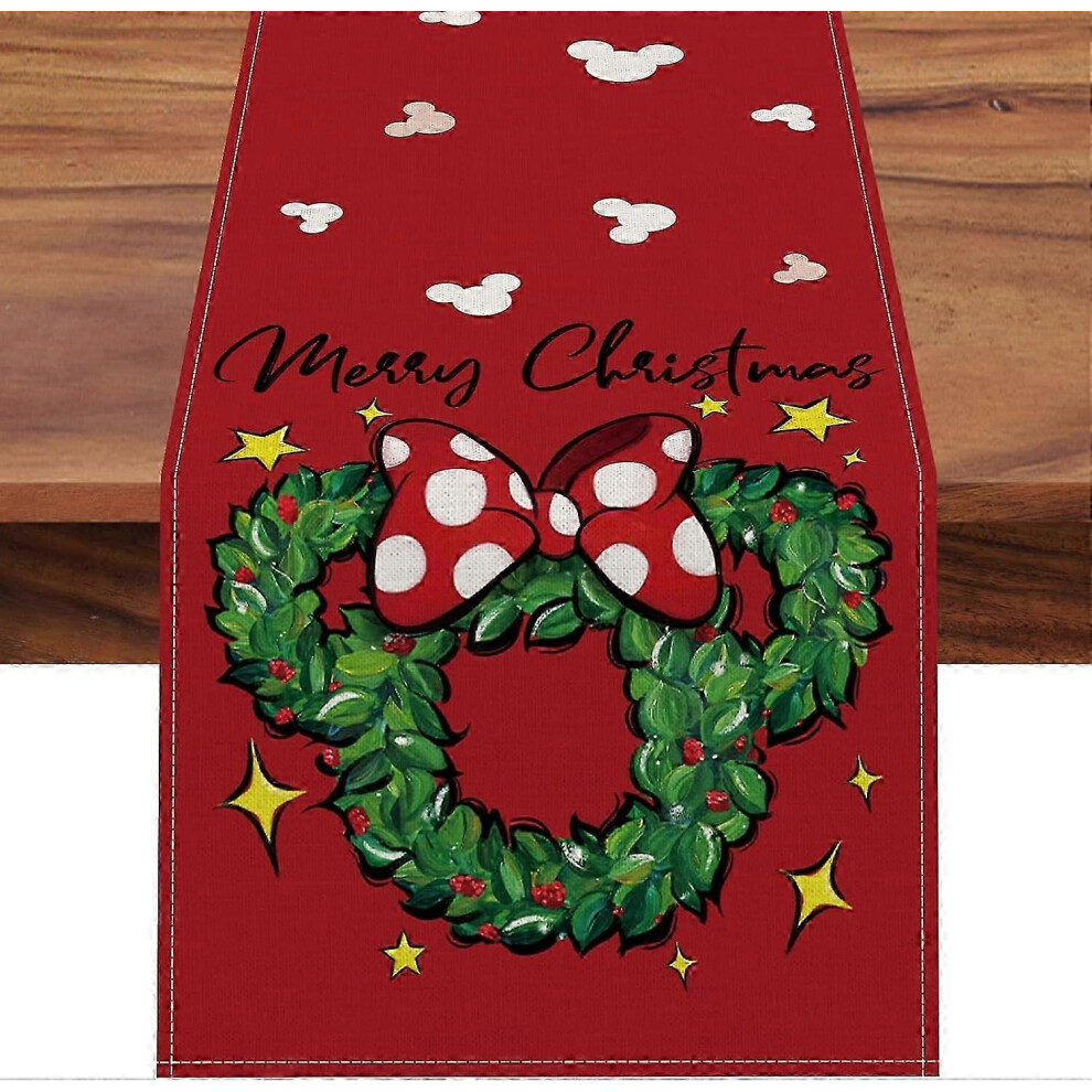 Merry Christmas Table Runner, Mouse Wreath, Red Polka Dot Bow, Stars, Kitchen Table Decoration, 13 x 72 inches