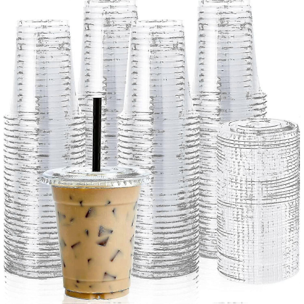 [100 Sets] 12oz Clear Plastic Cups with Flat Lid, Disposable Cups, 12oz Plastic Cups for Iced Coffee, Smoothies, Slushies or Other Cold Drinks