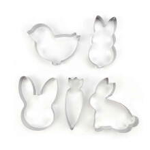 Set of 5 Easter cookie cutters in the shape of a bunny, carrot and chick