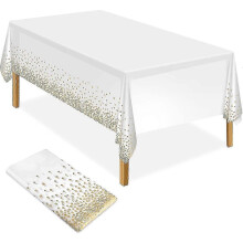 White and Gold Party Tablecloth Plastic 137 x 274 cm, Rectangular Gold Polka Dot Confetti Tablecloth for Picnic, Baby Shower, Entrance