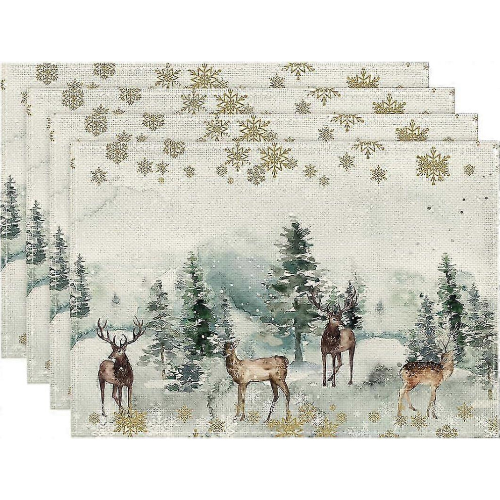 Watercolor Christmas Placemats, Deer, Trees, Snowflakes, for Dining Table, 12 x 18 Inch, Seasonal, Winter, Xmas, Holiday, Rustic, Set of 4