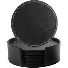 Set of 6 Faux Leather Coasters with Drink Holder for Various Cups and Mugs (Round, Black)