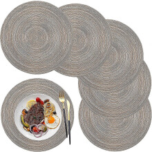 Round Woven Polypropylene Placemats, Set of 6, Washable, Heat Resistant, Non-Slip, 36cm, Coffee Color