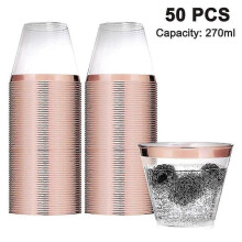 (Rose Gold Rim) 50 Pack 250ml Plastic Cocktail Glasses, Sturdy Plastic Cups with Clear Rim, Disposable Cups for Wedding, Birthday, Party Wuqx