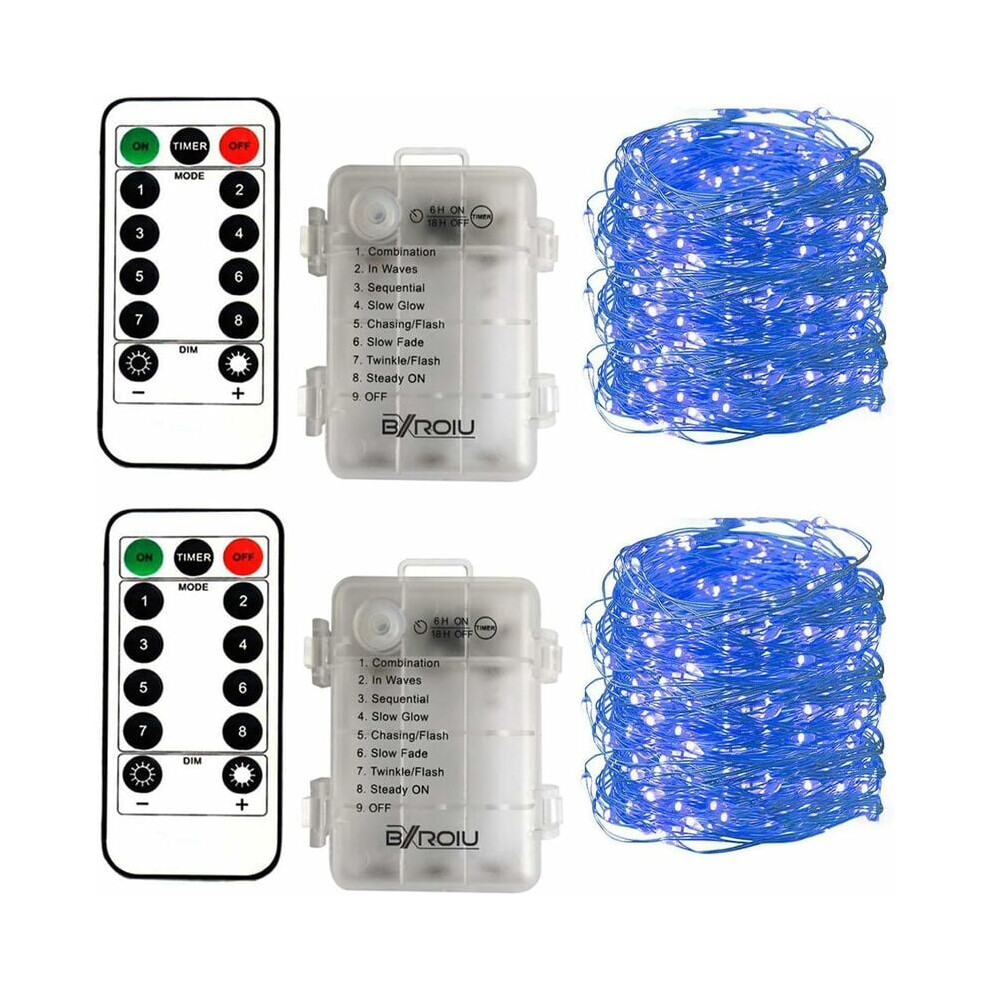 2Pcs 50Led Battery Operated Fairy Lights By 5M Micro Cable 3Aa Waterproof Battery Operated With 8 Program Remote Control (Blue) Silver/Blue