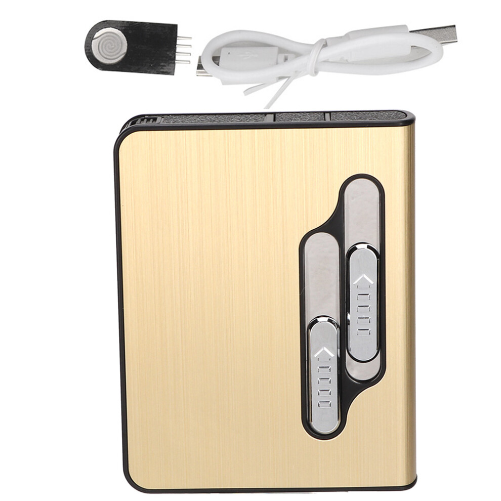 Gold Fashionable 20Pcs Cigarettes Holder Automatic Cigarette Box Case Lighter Usb Charging (Gold)