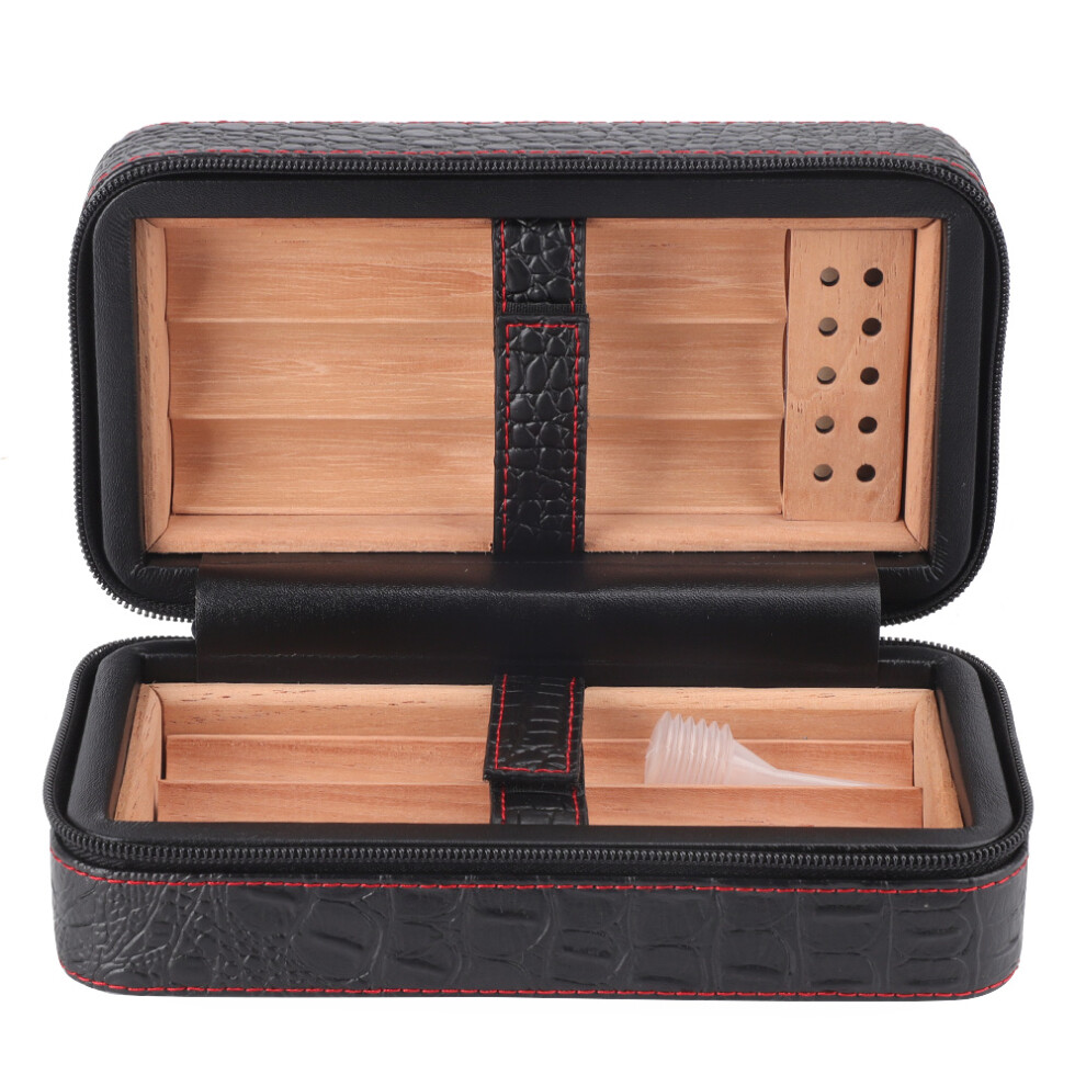 Black Leather Cedar Wood Lined Travel Cigar Case Humidor With Removable Trays (Black)