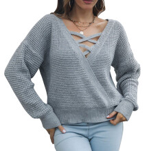 Woman Long Sleeve Sweater Deep Wrapped V Neck Criss Cross Knitted Pullover Tops Grey M