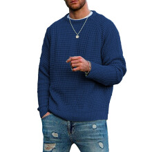 Sweater Round Neck Long Raglan Sleeves Solid Color Casual Comfortable Men Pullover Blue XXL