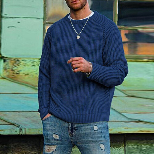 Sweater Round Neck Long Raglan Sleeves Solid Color Casual Comfortable Men Pullover Blue XXL 2