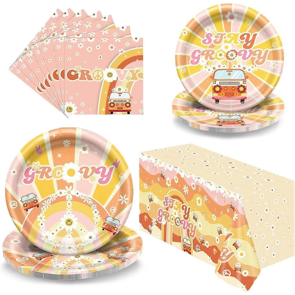 Groovy Party Supplies, Hippie Dinnerware Set for 25, Bohemian Floral Disposable Paper Plates, Napkins and Tablecloths for a Groovy Hippie Theme Party