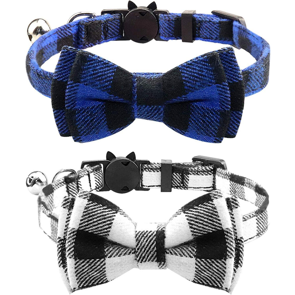 Kikidex (As Show, One Size) Breakaway Cat Collar With Bow Tie And Bell, Cute Plaid Patterns, 1 Or 2 Pack Kitty Safety Collars