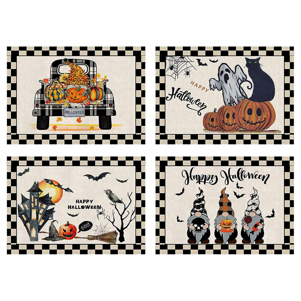Kikidex (As Show, One Size) Halloween Placemats 4 Pieces, Cotton Linen Placemats 30Mx45c, Washable Kitchen Table Mats