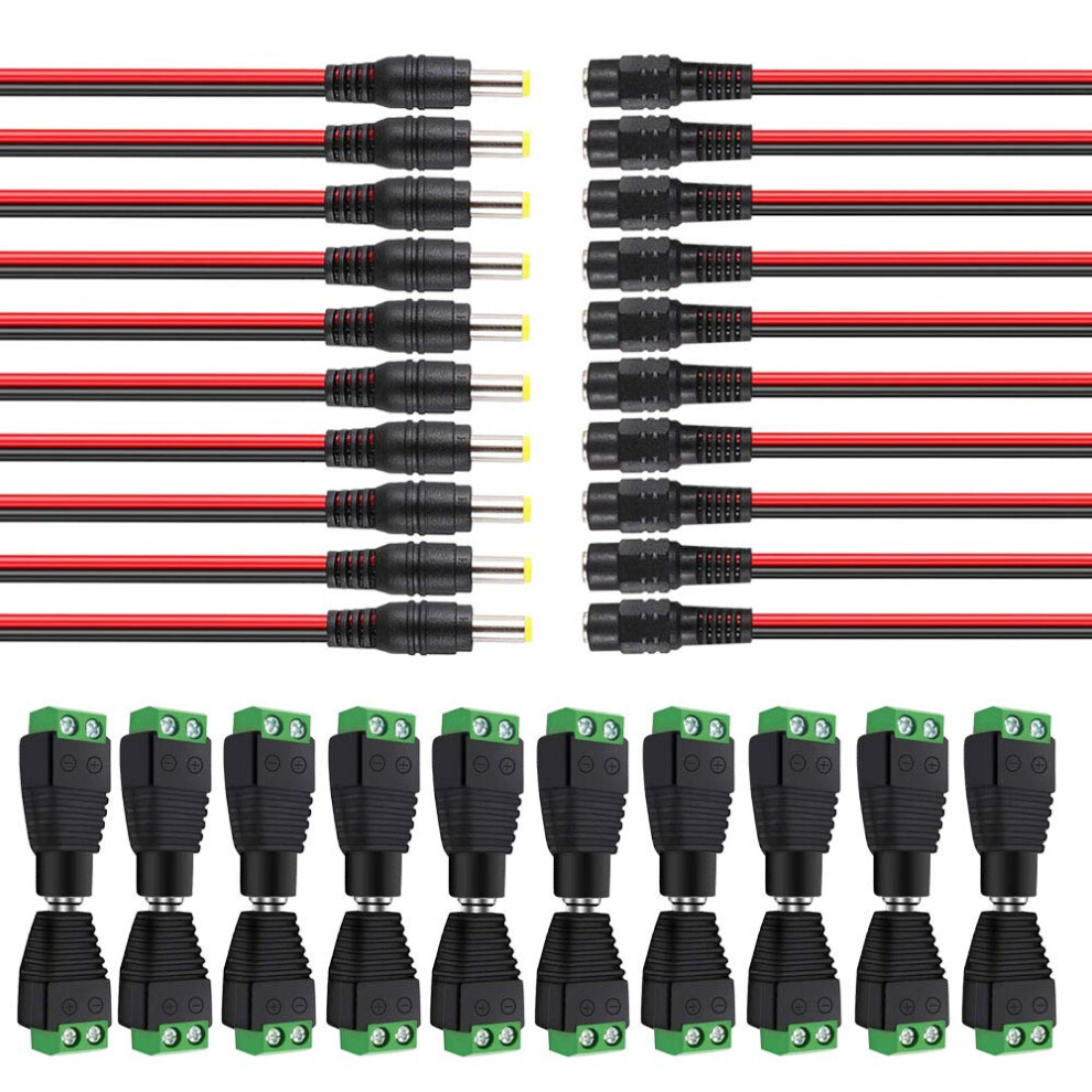 Aiqeer 10 Pairs 12V/24V 5.5 X 2.1 Mm Dc Power Male Female Connector, 10 Pair Dc Power Pigtail Cable, For Cctv Dvr Surveillance Video System 750139207282