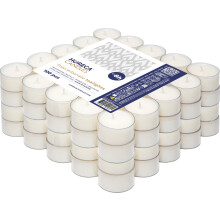 Horeca Candles - Tea Light Candles in Clear Cup 100 Pack - 8 Hours Burn Time - White Wax - Smokeless, Dripless, Unscented Candles Bulk