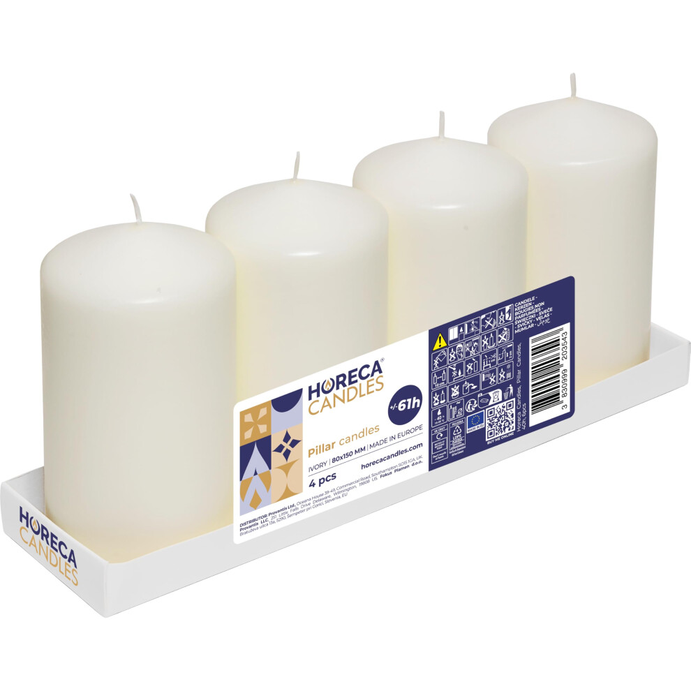 Horeca Candles - Pillar Candles - Ivory - Set of 4 Decorative Candles - ? 8 x 15 cm (3.15 x 5.90 inches) - 60 Hours Long Burning - Unscented --image-OPC-PMHF5NG-NEW