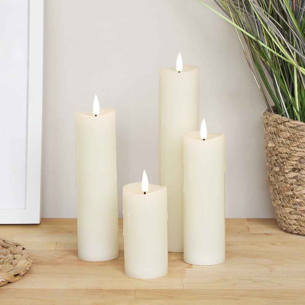 Lights4fun Set of 4 Slim TruGlow? Battery Operated LED Flameless Pillar Candles Dripping Wax with Timer & Remote-image-OPC-PMHF6DD-NEW