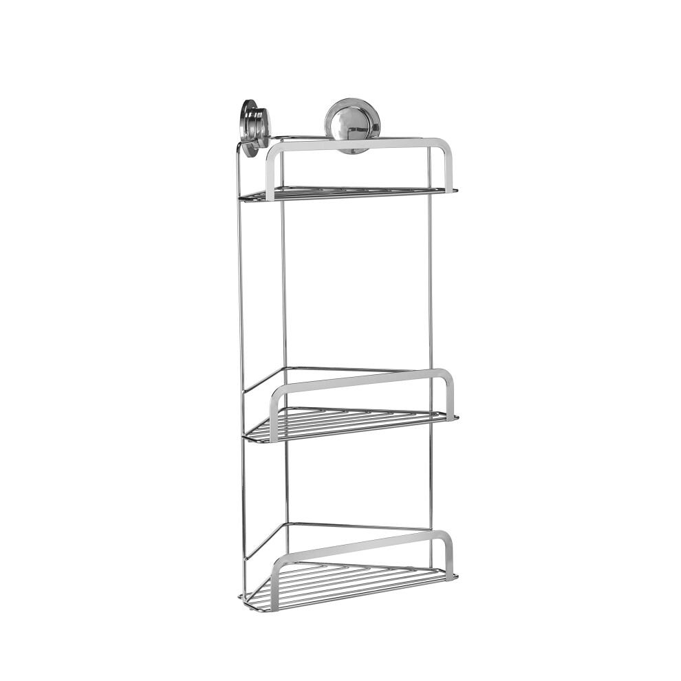 Croydex Stick 'N' Lock Three Tier Corner Shower Caddy - Shower Shelf No Drilling Bathroom Storage Solution With Sticky Pad Easy-Clean 5 Year Rust-Free