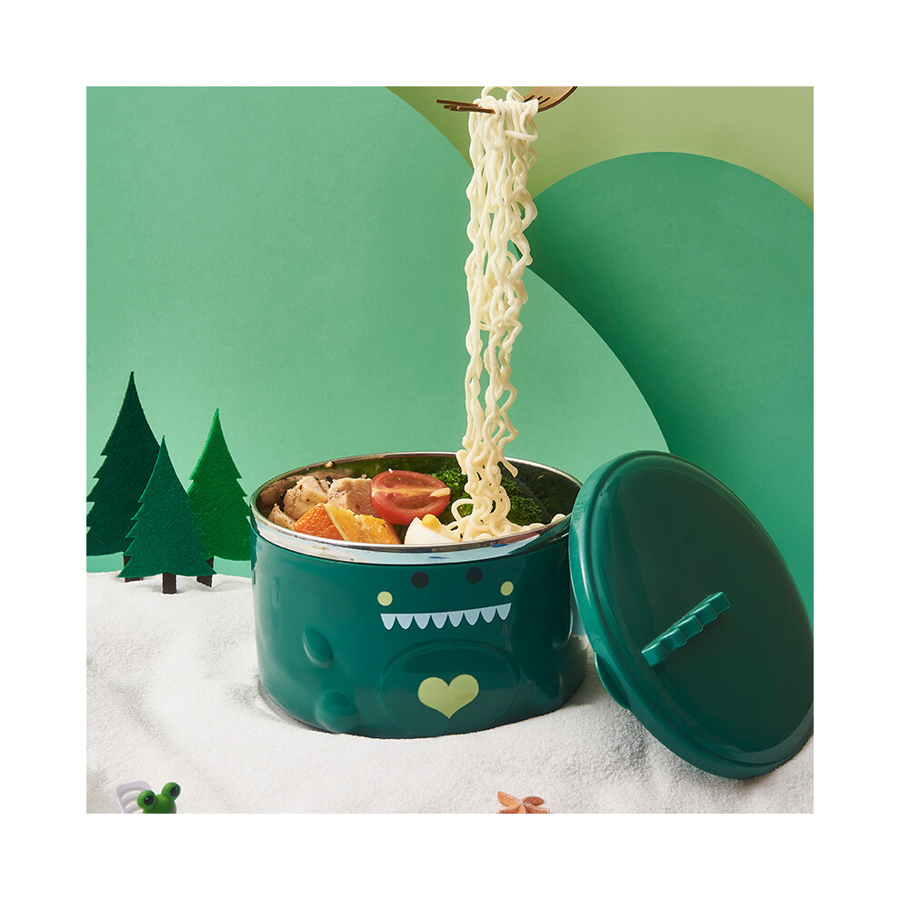 Cartoon Dinosaur Stainless Steel Noodle Bowl with Lid and Handle, Green