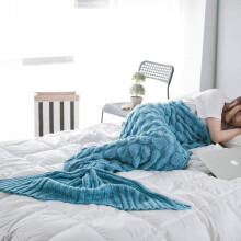 Mermaid Blanket Adults, Handmade Knitting Pattern Blue Mermaid Fishtail Blankets Soft Knitted Mermaid Tail Sleeping Bag for Women Girls (Blue)