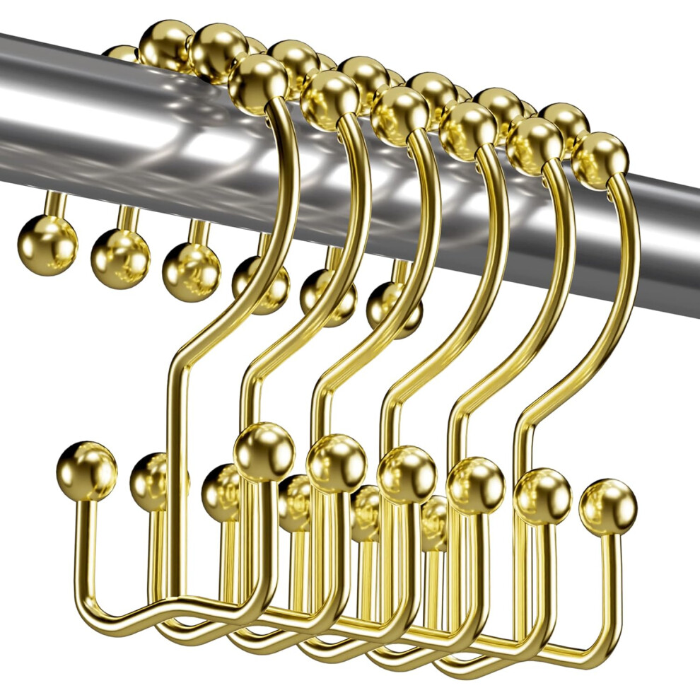 Gold Shower Curtain Hooks Rings, Rust-Resistant Metal Double Glide Shower Hooks Rings For Bathroom Shower Curtains Rods, Set Of 12 Hooks - Gold 9183899047033