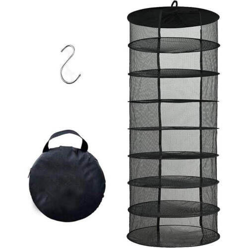 Drying Net, 8-Layer Foldable Hydroponic Herb Dryer Rack, Hanging Herb Drying Mesh with Storage Bag, Black