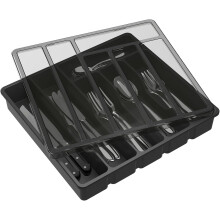 Cutlery Drawer Organizer with Lid, Kitchen Cutlery Storage Box, Plastic Utensil Organizer for Spoons, Forks, Knives, 6 Compartments, Black