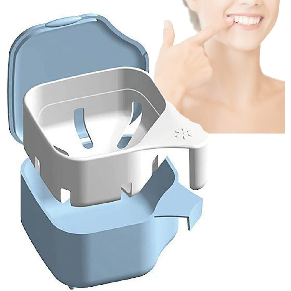 Blue Denture Box Dental Bath Dual Purpose Hygienic Denture Case For Storage And Immersion Of Mouthguards, Ortho Retainers And Dental Appliances(Blue)(1Pcs