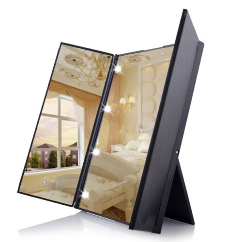 LED illuminated makeup mirror triple fold mirror foldable with light bracket - black with light version