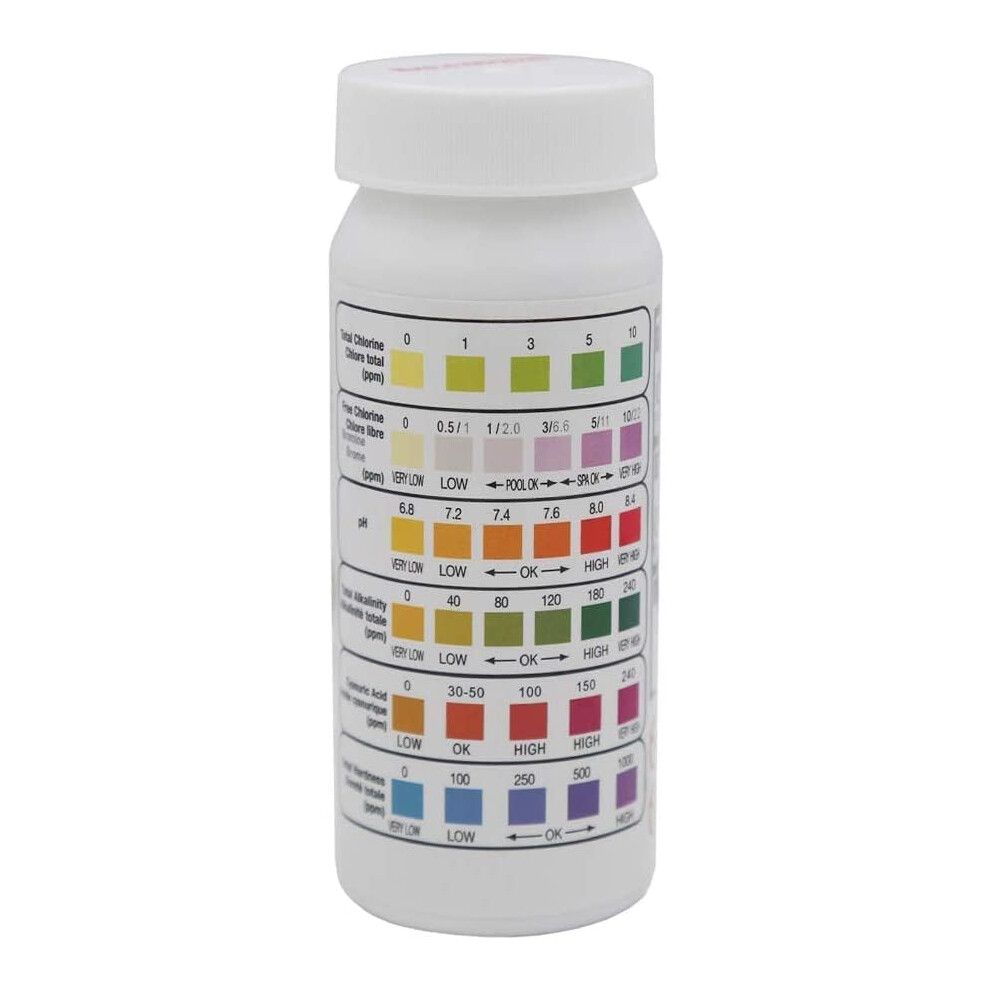 50 Pack 6 in 1 Swimming Pool Water Quality Test Strips for Chlorine, pH, Alkalinity, Hardness, Acidity, Bromine, Cyanuric Acid