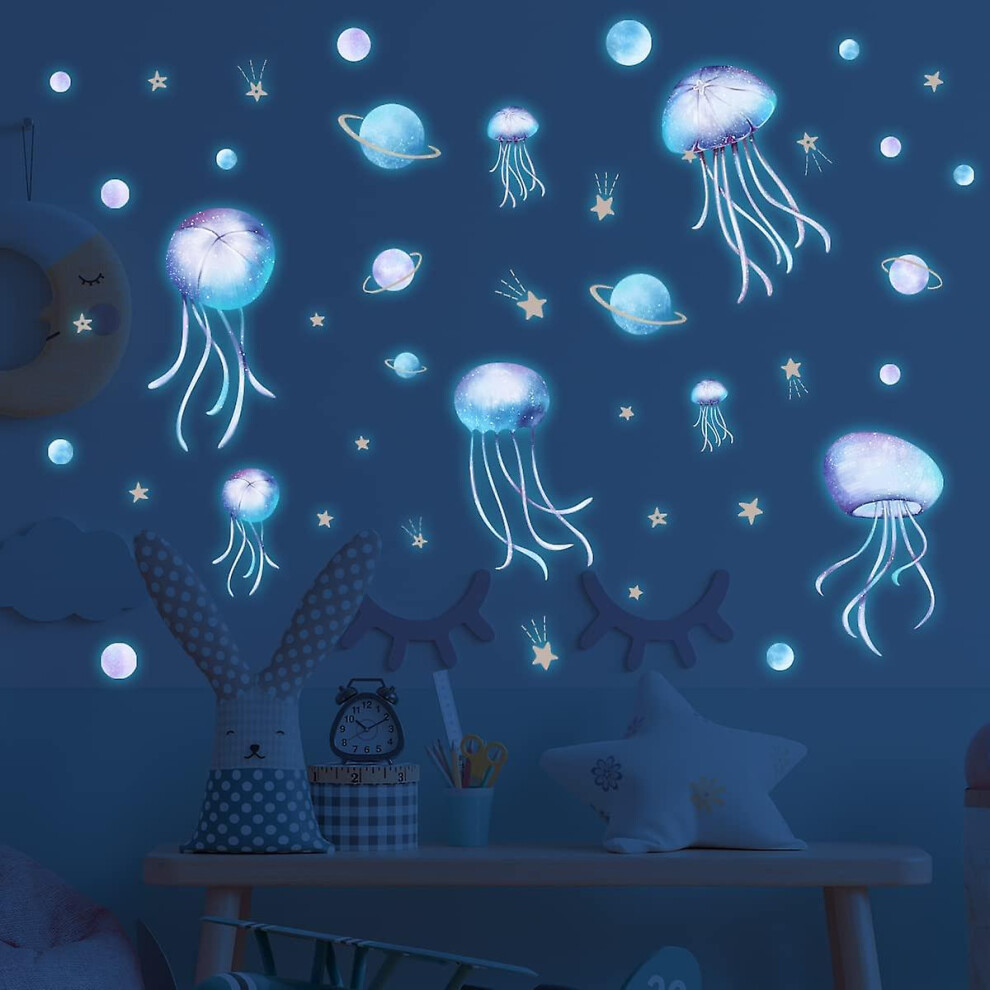 Yomaido Glow In The Dark Stickers, 4 Pcs Wall Stickers For Kids Room, Luminous Jellyfish And Stars Stickers, Glow In The Dark Stars Ceiling For Diy Bo